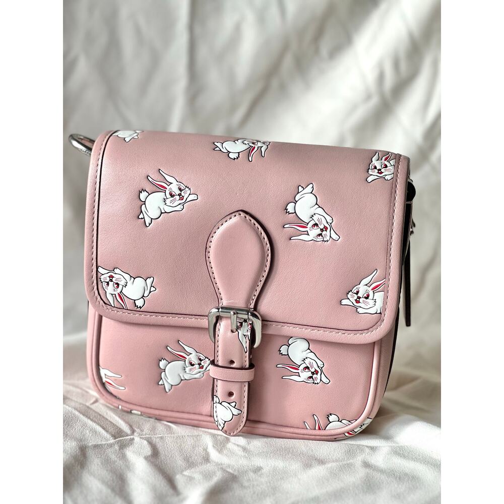Coach Frankie Crossbody bag Pink Leather with White Rabbit Print.